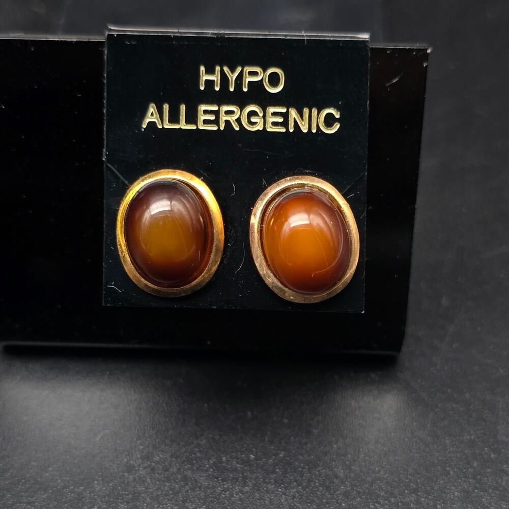 Tiger's Eye Oval Stud Earrings Gold Tone Brown Vintage 1980s NOS NWT